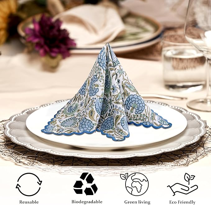 Ridhi Hand Block Print Asparagus Green 18" x 18" (Set of 4) Embroidery Table Napkins Reusable Cotton Dinner Napkins for Weddings, Parties, Everyday Dining Gift for Spring, Easter, Valentine