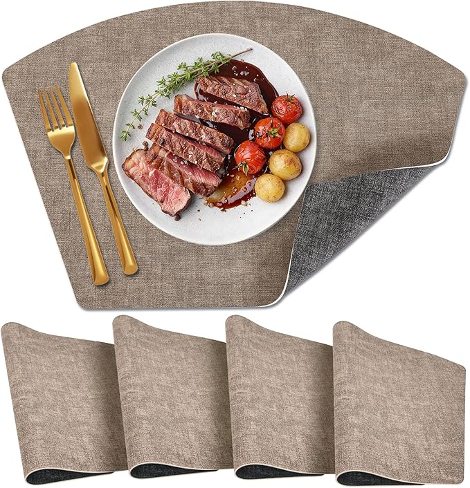Round Table Placemats Set of 4, Dual-Sided Wedge Shape Faux Leather Table Mats, Washable Wipeable Heat Resistant Place Mats for Outdoor Indoor, Camel Gray