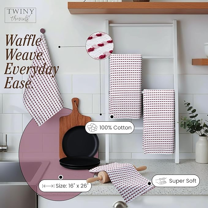 TWINY threads Waffle Weave Dish Towels Set of 4, Premium Cotton 16x26 Kitchen Hand Towel, Super Absorbent, Durable & Reusable Tea Towels for Home, Restaurants & Cafes, Burgundy Wine, White