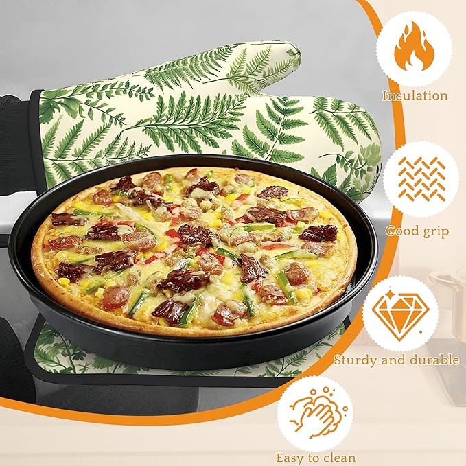 Fern Herbs Oven Mitts and Pot Holders Set,Botanical Floral Leaf Kitchen Decor Heat Resistant Non Slip Hot Pads and Oven Mitt for Chef Cooking Baking BBQ Mom Girl Gifts(4 Piece Set)