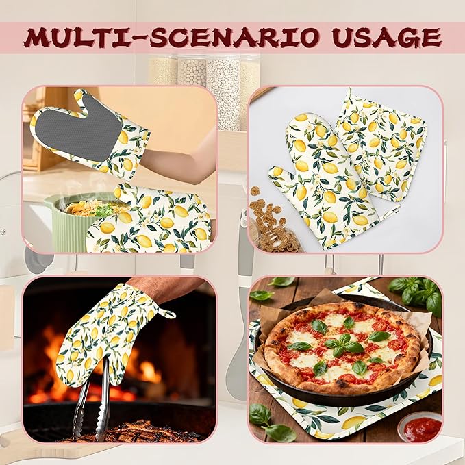 Retro Lemon Floral Silicone Oven Mitts and Pot Holders,Heat-Resistant 4 Piece Kitchen Set Non-Slip Oven Gloves and Hot Pads for Cooking, Baking, Grilling,BBQ