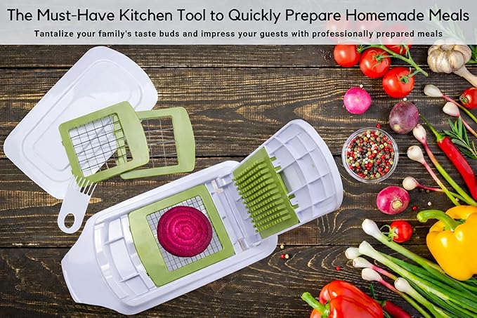 Brieftons QuickPush Food Chopper: Strongest & 200% More Container Capacity, 30% Heavier Duty, For Onion, Fruit and Vegetable Chopping, with 3 Dicer Cutter Blades, Keep-Fresh Lid, and 5 Recipe Ebooks