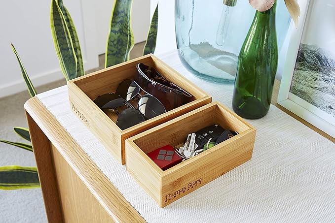 Bamboo Drawer Organizer and Storage Set, Multi-use Set of 5 Storage Trays, Wood Boxes of various sizes for Office Desk or homework, Kitchen, Bathroom Jewelry, Cosmetic Make up, Baby Bedroom, Junk.