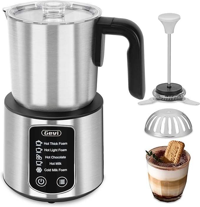 Gevi Milk Frother,5 in 1 Stainless Steel Professional Milk Steamer，Easy to Clean Hot Chocolate Maker,for Hot and Cold Milk Frother for Latte,Macchiato,Cappuccino and Hot Chocolate