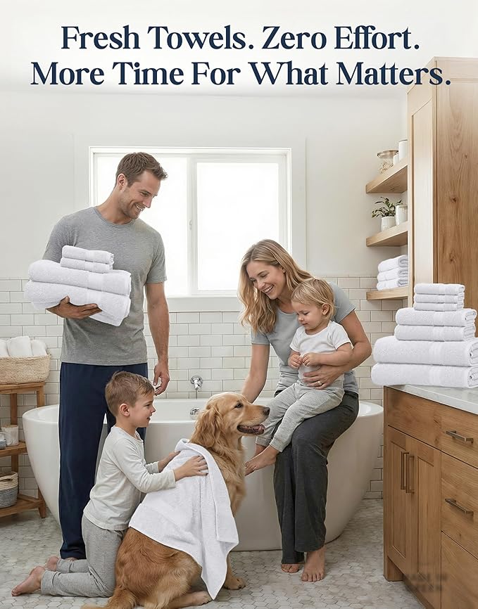 LANE LINEN 100% Cotton Bathroom Towel Set of 24 - Durable, Soft & Absorbent - 4 Bath, 4 Fingertip, 6 Hand, 8 Washcloths, 2 Bath Sheets, Hotel & Spa-Quality Design - White Towels
