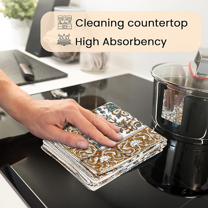 CPC Harvest Bloom Hand Block Print Waffle Kitchen Towel Set of 3-16 x 28 Inch Ultra Absorbent Quick Dry Cotton Dish Towels Lightweight Reusable Sustainable Tea Towels for Cleaning and Drying