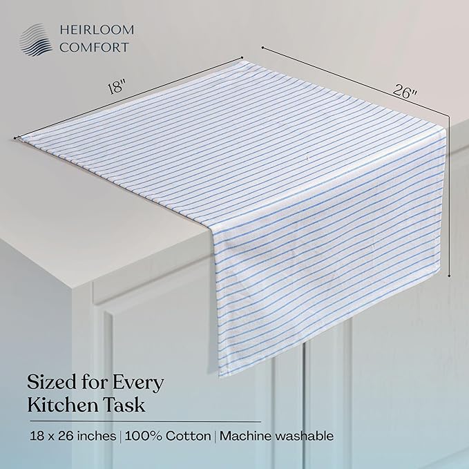 Turquiose Blue Stripe Kitchen Towels, 3 Pack, 100% Cotton, Super Absorbent and Quick Dry, Classic Striped Towel Set, Durable Dish Cloths for Kitchen Use, Cleaning & Drying Dishes