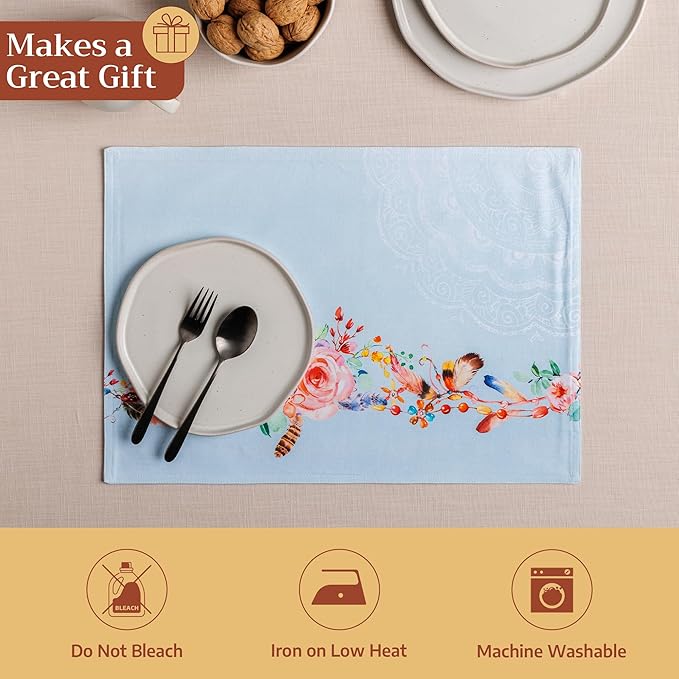 Maison d' Hermine Placemats Set of 4 100% Cotton Washable Cloth Place Mats Reusable Table Mats for Kitchen Dining Party Wedding Gifts for Mothers Day Spring/Summer (Ibiza - Blue, 13" x 19")