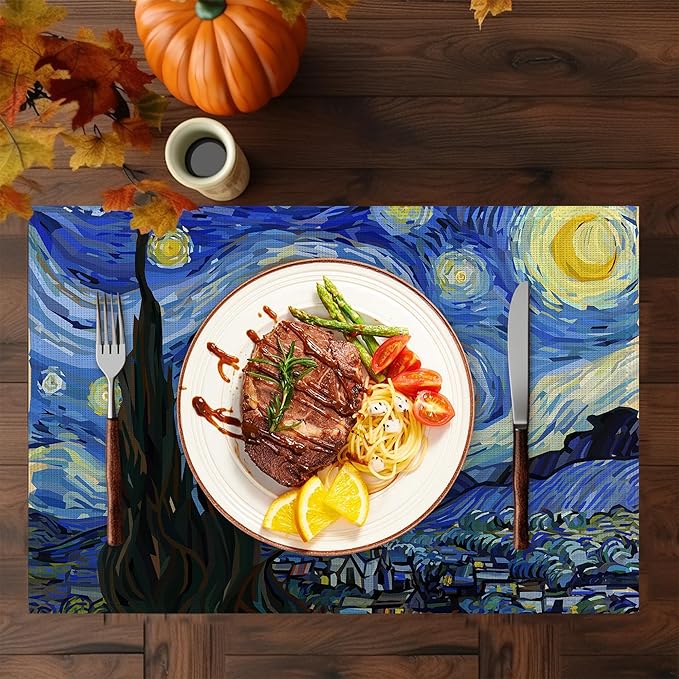 Starry Night Placemats Set of 6,Washable Heat Resistant 12×18 Inch Linen Table Mats,Place Mats for Party Outdoor Dining Décor