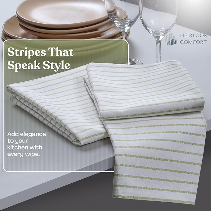 Lemon Green Stripe Kitchen Towels (5 Pack), 100% Cotton, Classic Striped, Super Absorbent & Durable Dish Cloths, Quick Dry Towel Set for Drying Dishes, Everyday Kitchen Cleaning