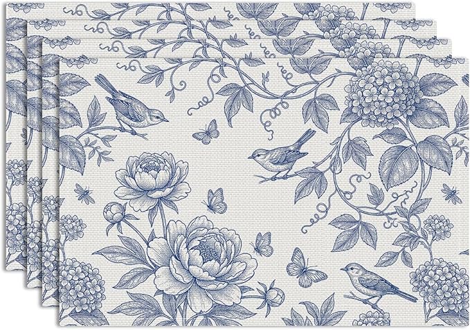 Hydrangea Flowers Branches Chinoiserie Spring Placemats Set of 4, 12x18 Inch Blue White Vintage Floral Bird Table Mats for Party Kitchen Dining Decoration, Washable Non-Slip Heat Resistant Place Mats