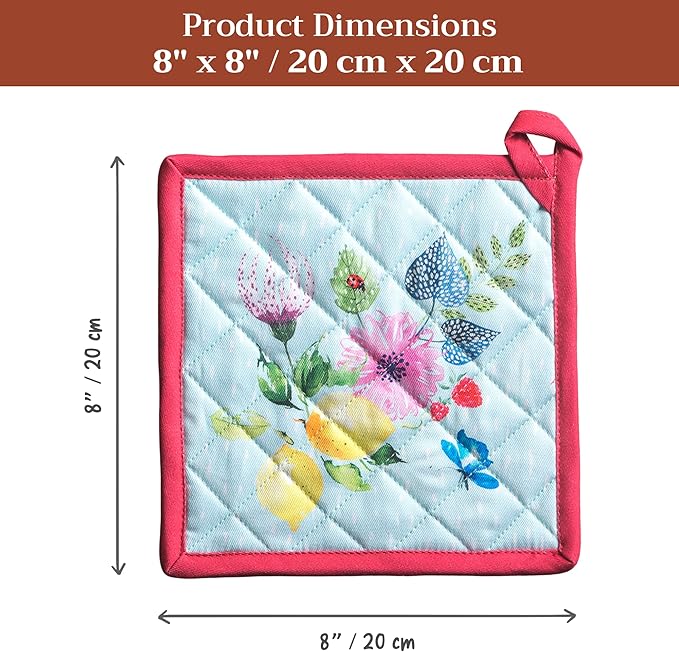 Maison d' Hermine Pot Holders 100% Cotton Heat Resistant Potholders 8" x 8" Hot Pads with Loop BBQ Baking Gifts for Mothers Day Handling Hot Pans Spring/Summer (Pack of 1, Jardin D'Ete - Mint)