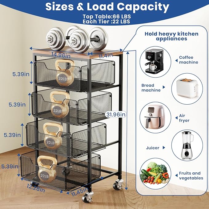 Goovilla Kitchen Cart with Drawers, 4 Tier Metal Rolling Utility Cart Organizer on Lockable Wheels with Wooden Top, Black Fruit Vegetable Storage Rack Also for Cans, Snack, Craft, Art, Office, Beauty