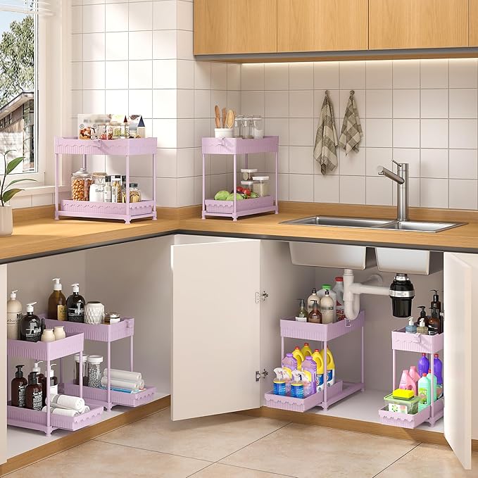 Sevenblue 3 Pack Under Sink Organizers, 2-Tier Multi-Use Kitchen and Bathroom Organizers and Storage with Sliding Drawers, Bathroom Cabinet Organizer (Pink, 12.8 Inch)