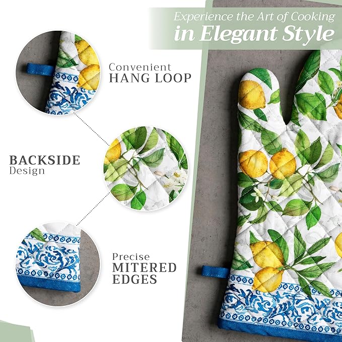 Maison d' Hermine 100% Cotton Oven Mitt & Pot Holder Set (7.5"x13" & 8"x8") Heat Resistant BBQ Cooking Gloves with Loop Baking Grilling Kitchen Gifts for Mothers Day Spring/Summer (Cedrat)