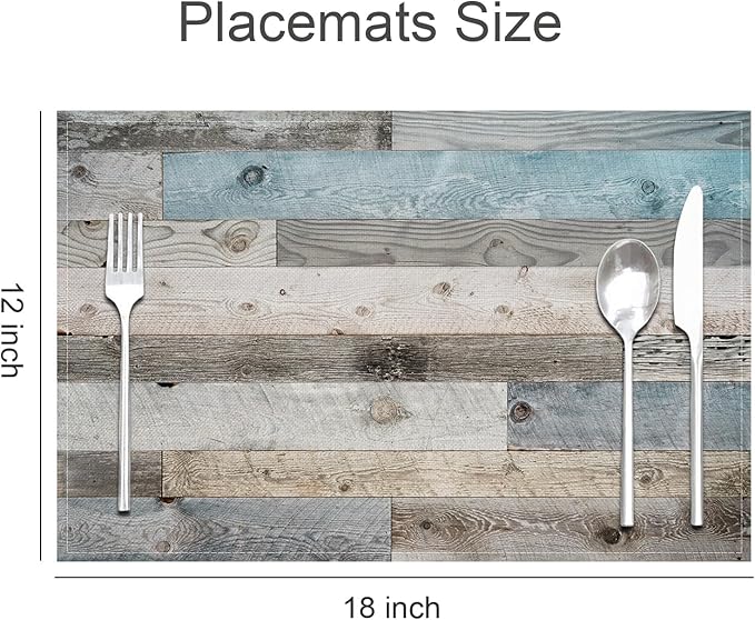 Grey Teal Placemats Farmhouse Blue Rustic Place Mats Vintage Country Style Decorative Table Mats Set of 4 - Linen Heat Resistant Wipeable Washable Dining Table Kitchen Placemats 12x18Inch