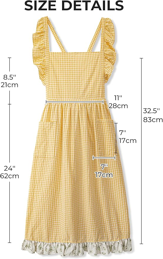 Vintage Gingham Apron for Women, Ruffle Straps, 2 Pockets, Soft Cotton, Apron Dress Style for Cooking & Baking