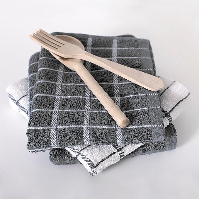 Ritz Premium 100% Cotton Terry Check Kitchen Dish Towels - Highly Absorbent, Super Soft, Long-Lasting, 25"x15", 3-Pack, Gray