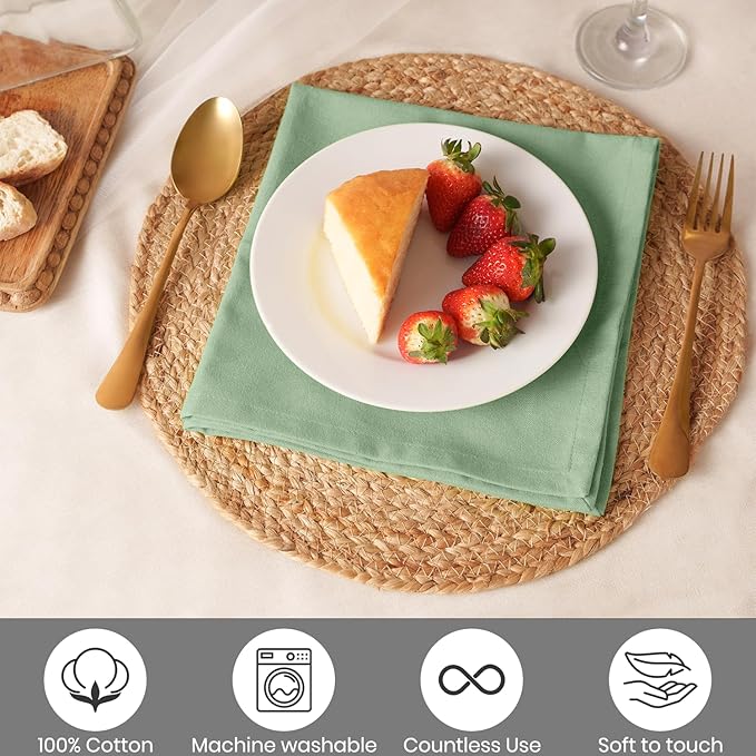 Blue Needles Solid Cloth Napkins Set of 12 Sage Green 100% Cotton Dinner Napkins 18x18 inches - Soft, Reusable, Absorbent & Washable Linen, Ideal for Christmas Events, Parties & Everyday Use