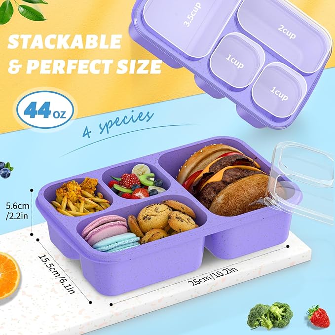 Bento Box 4-Pack 5-Compartment Meal Prep Containers, BPA-Free Plastic, Stackable Food Storage Lunch Boxes for Adults and Kids, School Work Travel (Purple)