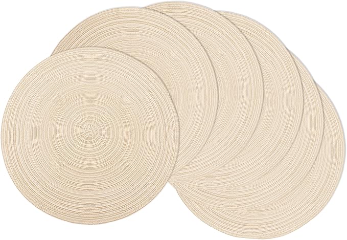 Braided Round Placemats Set of 6,Woven Washable Non-Slip Table Mats for Kitchen Dining, 14.5 Inch, Heat Resistant - Natural Fabric Indoor Outdoor Place Mats(Beige)