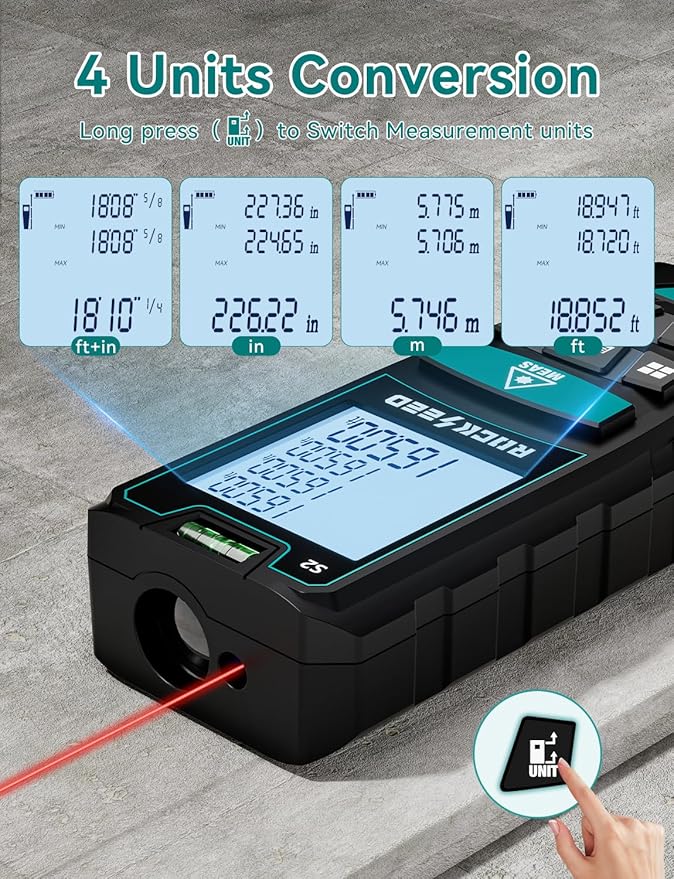 Laser Measure 50M/165ft,RockSeed Digital Laser Distance Meter with 2 Bubble Levels,Portable M/in/Ft Unit Switching Backlit LCD and Measuring Distance/Area/Volume/Pythagorean