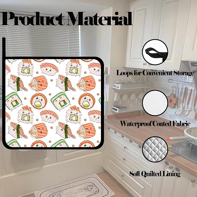 Cute Sushi Doodle Pot Holders 2 PCS,Kitchen Heat Resistant Potholder for BBQ Cooking Baking,Food Hot Pad for Women Men