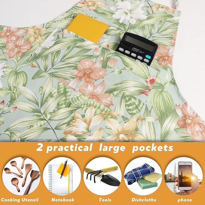 Sanlykate Extra Large Canvas Cotton Apron for Men & Women, Plus Size Durable Aprons with 2 Pockets, Adjustable Bib Machine Washable Oversized Aprons for Baking, Cooking, Painting - Leaves