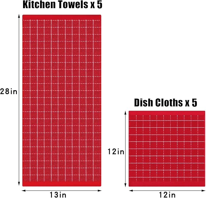 Homaxy Kitchen Towels and Dishcloths Set, 12 x 12 and 13 x 28 Inches, Set of 10 Bulk Cotton Terry Kitchen Towels Set, Checkered Designed, Soft and Super Absorbent Dish Towels, Red