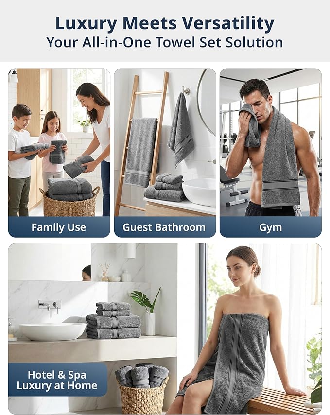 LANE LINEN Luxury Bath Towels Set - 6 Piece 100% Cotton Bathroom Quick Dry Shower Extra Aborbent Towel Super Soft 2 Hand Wash Cloths Space Grey