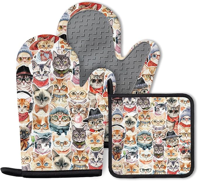 Cute Cat Oven Mitts and Pot Holders Sets 3PCS, Cat Silicone Heat Resistant Oven Mitts Birthday for Cats Lover, Funny Cats Heat Resistant Non-Slip Oven Gloves for Mom Wife Sister BFF