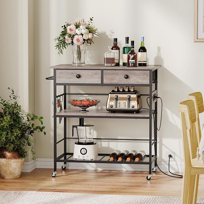 HOOBRO Kitchen Island with Storage, Rolling Island Cart for Kitchen with 2 Drawers & Outlet, 3 Tier Coffee Station and Microwave Stand, Kitchen Island Table for Home, Greige BG08UZD01