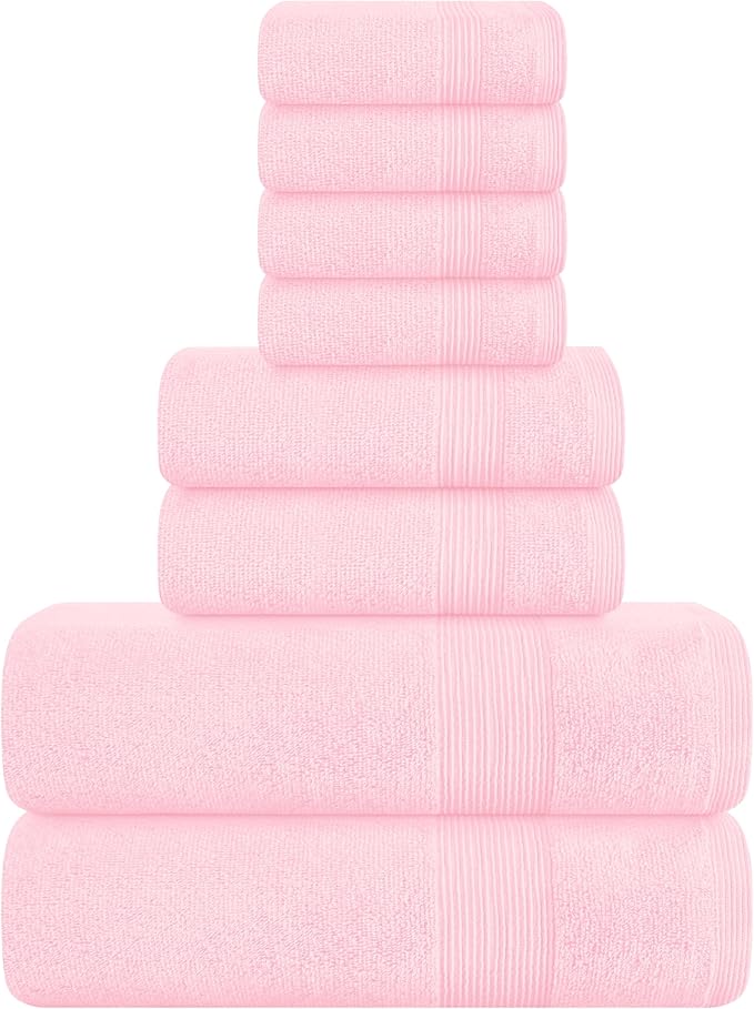 Belizzi Home 8 Piece Towel Set 100% Ring Spun Cotton, 2 Bath Towels 27x54, 2 Hand Towels 16x28 and 4 Washcloths 13x13 - Ultra Soft Highly Absorbent Machine Washable Hotel Spa Quality - Pink