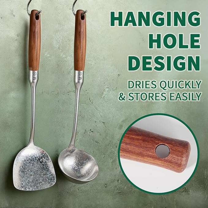 Newness Soup Ladle and Solid Turner, [Rustproof, Heat Resistance] Resilient Pure Titanium Soup Spoon and Turner with Long Ergonomic Natural Wooden Round Handle, Non-Toxic Cooking Spoon for Kitchen