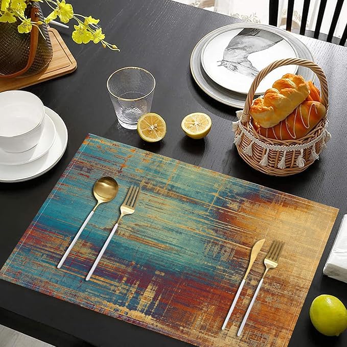 Farmhouse Placemats Set of 4 Blue Orange Teal Place Mats Modern Rustic Kitchen Table Mats - Linen Fabric Heat Resistant Wipeable Washable Placemat for Dining Coffee Table 12x18Inch