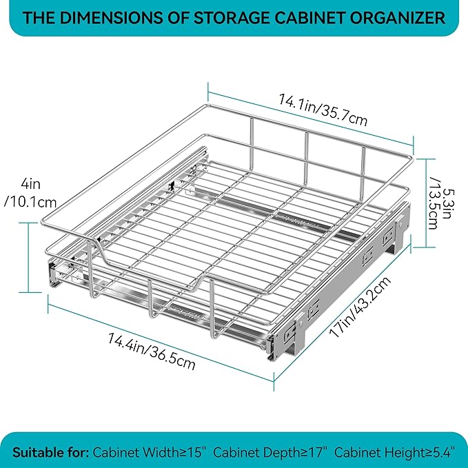 Pull Out Cabinet Organizer 15" W X 22" D, Slide Out Drawers For Kitchen Organizers and Storage, Pull Out Drawers For Cabinets Capacity Heavy Duty Caddy, Cabinet Shelves Chrome-Plated, Bathroom Pantry