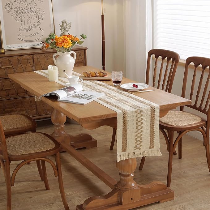 Niviy Boho Table Runner with Tassels 12 x 132 Inches Long, Cream & Brown Rustic Farmhouse Table Runner with Tassels for Home Kitchen Holiday Party and Wedding Decor Runner