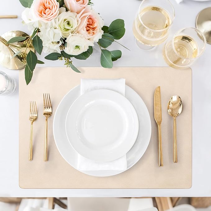 Roxifina Faux Leather Placemats Set of 6 - Vinyl Placemats Wipeable Waterproof Oil-Proof PU Place Mats Heat Resistant Reversible Table Mats for Dining, Kitchen, Outdoor, 12 x 17 Inch (Beige)