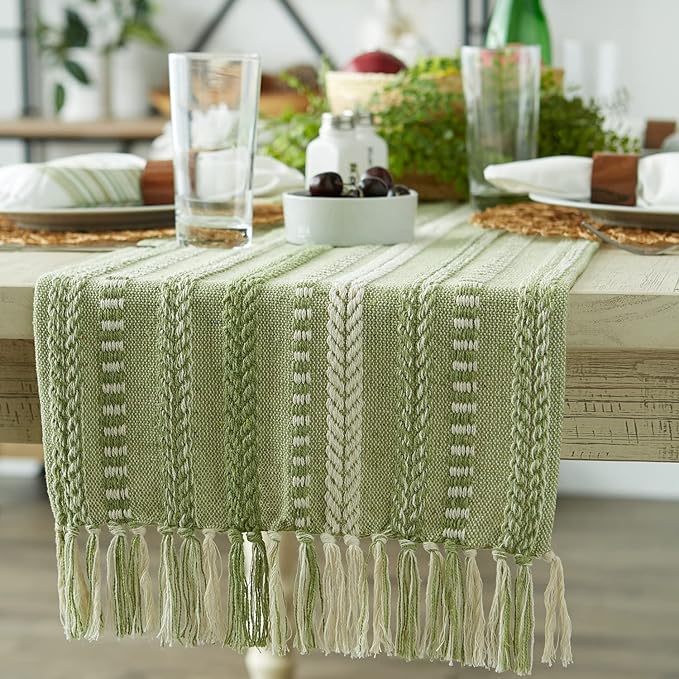 DII Farmhouse Braided Stripe Table Runner Collection, 15x108 (15x113, Fringe Included), Antique Green