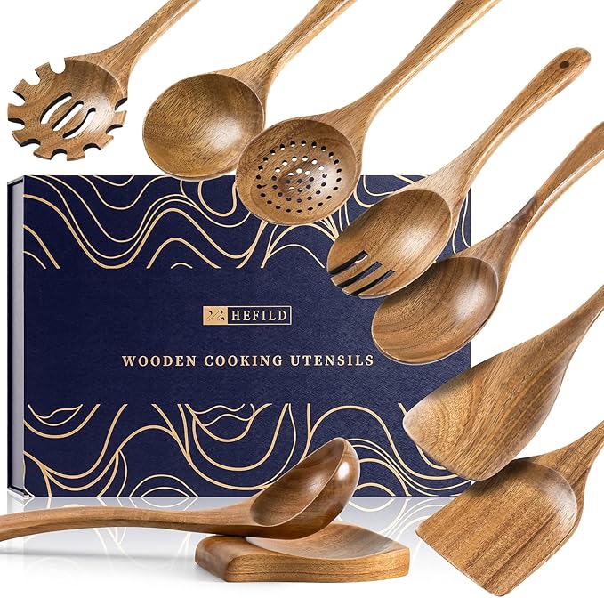 Wooden Spoons for Cooking, Nonstick Cooking Utensil Set with 8 Piece Acacia Wooden Spatulas and Spoons, as well as a Extra Whole Wood Spoon Rest, Terrific for Everyday Kitchen Tasks