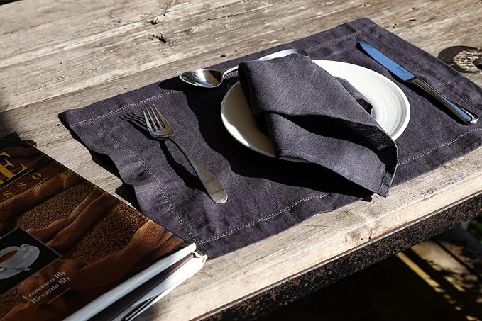 100% Pure Linen Dinner Cloth Napkins 15 x 15 Inch Charcoal Grey - Set of 6 Pack European Flax Natural Fabric Washable for Home and Kitchen