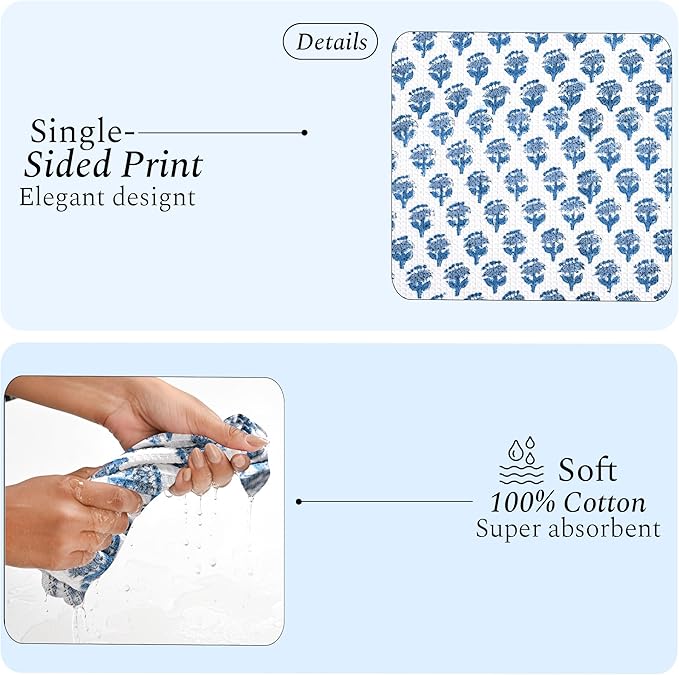CPC Apatite Blue Hand Block Printed Cotton Waffle Dish Cloth Set of 12-12x12 Inch Super Absorbent, Soft, Reusable Kitchen Towels for Dish Drying & Cleaning Ideal for Spring, Mother's Day