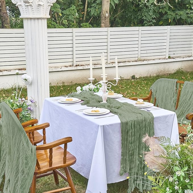 IVAPUPU 2 Pcs Cheesecloth Table Runner - 10ft Sage Green Boho Gauze Cheese Cloth Table Runners for Baby Shower Decorations Wedding Party Spring Garden Farmhouse