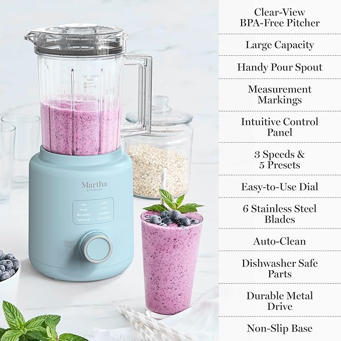 Martha Stewart Countertop Blender, 50oz Jar, 6 Stainless Steel Blades 3 Speeds & 5 Presets, Auto Clean, Smoothies, Crush Ice, Shakes, Chop, Margarita, Measurement Markings, 700W, Sky Blue