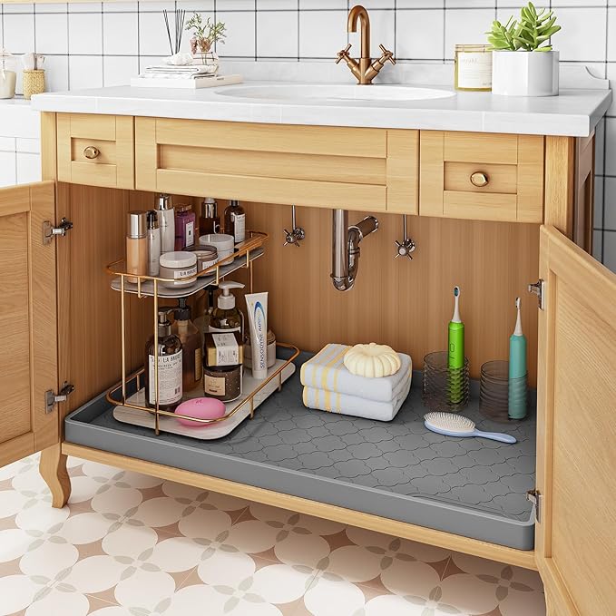 Jin&Bao Waterproof Under Sink Mat 25" x 22", Thick Silicone Mat Cabinet Protector for Kitchen and Bathroom, Shelf Liner, Home Organizer and Storage, Multipurpose Tray for Gadgets and Essentials