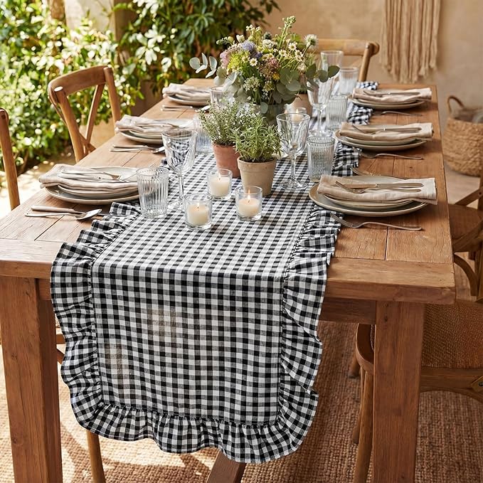 HunnmingRe 1 Pcs White and Black Plaid Gingham Ruffle Table Runner 118 x 13.8'' Farmhouse Buffalo Table Runner 100% Cotton Scalloped Long Dresser Scarves for Dining Room, Kitchen Rustic Home Decor