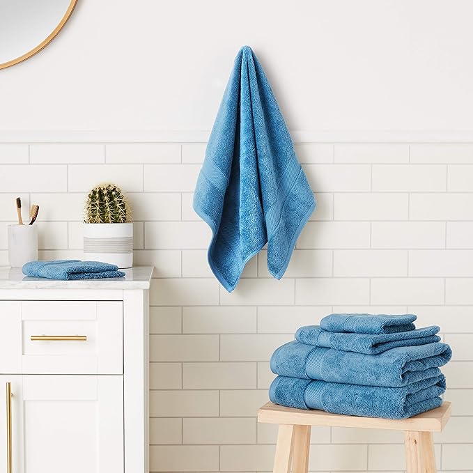 SUPERIOR Solid Egyptian Cotton Towel Set, Washcloths 13” x 13”, Hand Towels 20” x 30”, Bath Towels 30” x 55”, Denim Blue, 6-Pieces