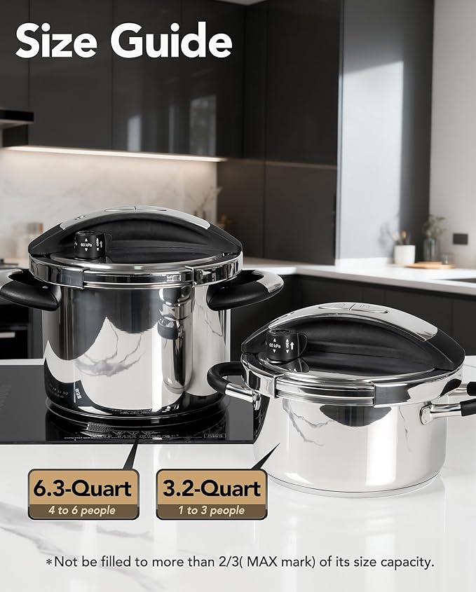 MICHELANGELO Stainless Steel Pressure Cooker 6.3 Quart, 3-in-1 Olla de Presion, One-Hand Locking System, Induction Compatible, with Glass Lid & Steamer