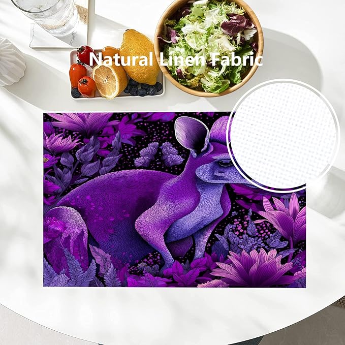 Batmerry Cute Kangaroo Placemats, Violet Kangaroo in Flowers Washable Linen Table Mats for Kitchen Table Double Insulation Decor Dining Set Indoor Outdoor 12X18 in Set of 4
