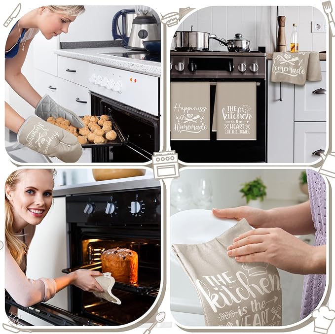 Sratte 6 Pcs Kitchen Decor Accessories Set Farmhouse Towels Pot Holders Oven Mitts Set 2 Dish Towels 2 Potholders 2 Cooking Mittens Oven Glove for Christmas Baking Cooking Supply(Beige,Kitchen)